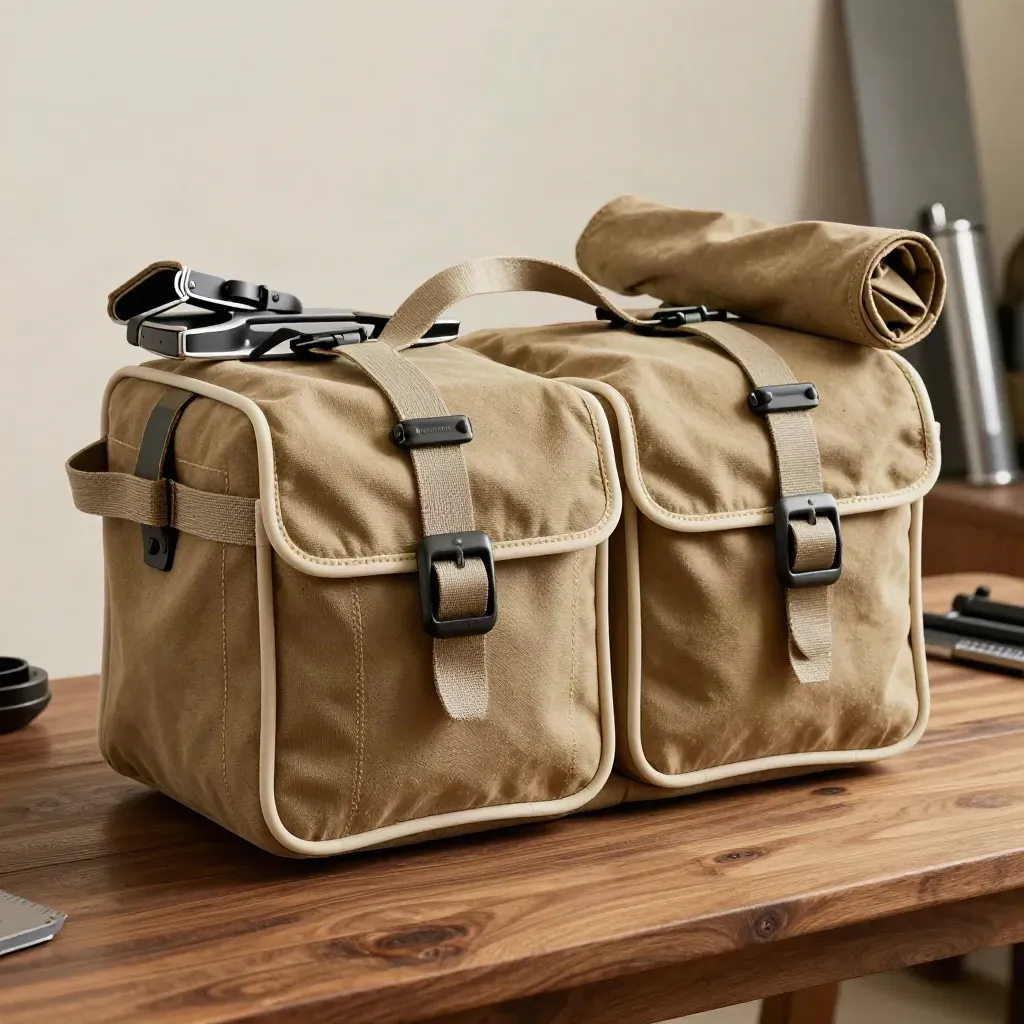 Open dubbele fietstas van waxed canvas op een warme werkbank in zachte lichtval.